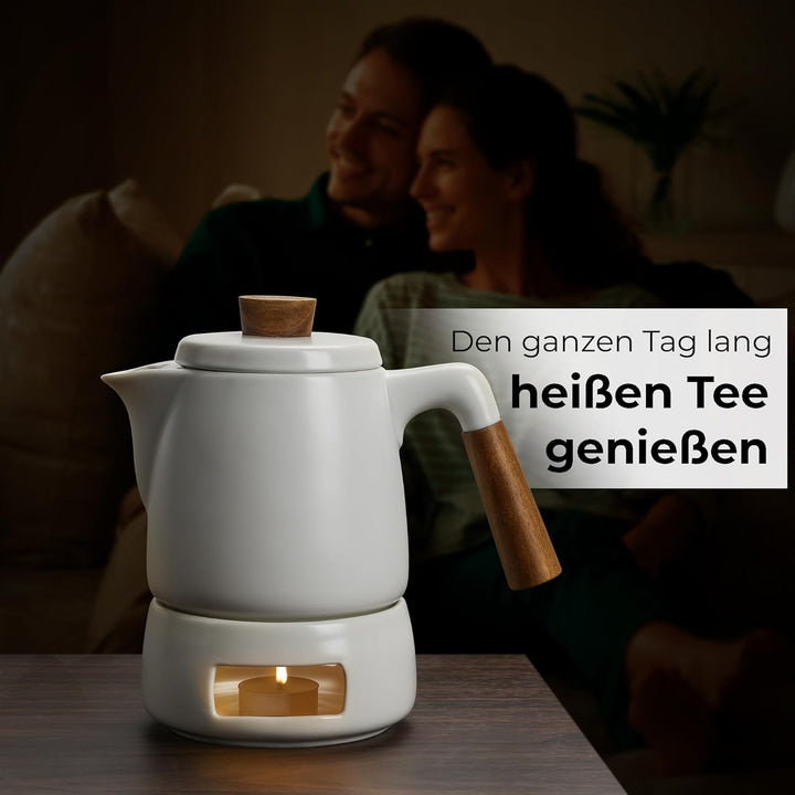 MIAMIO - Teeservice mit Teekanne Keramik (1 l) mit Stövchen (Weiss) | Teeset Teekanne &amp; Stövchen, Te