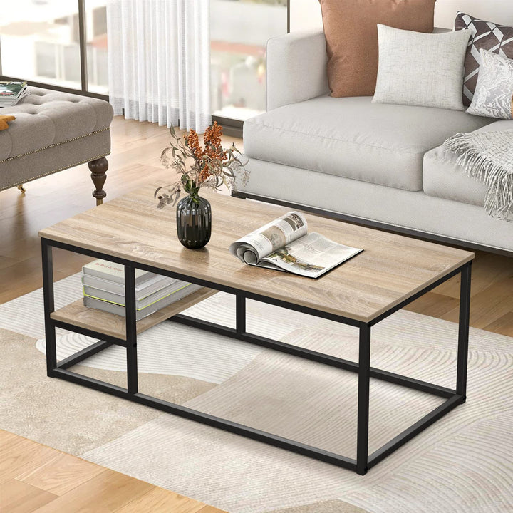 VOWNER Couchtisch, Wohnzimmertisch, Couchtisch mit Stahlgestell und Ablagen, Industrie-Design, Skand