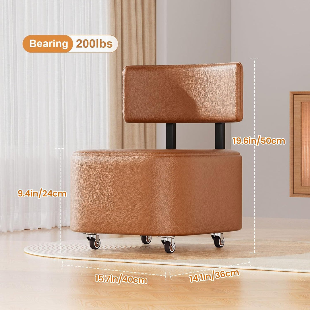 Rollhocker mit Rückenlehne, niedriger Rollhocker mit PU-Leder, Rollhockerstuhl, Rollsitze für Zuhaus