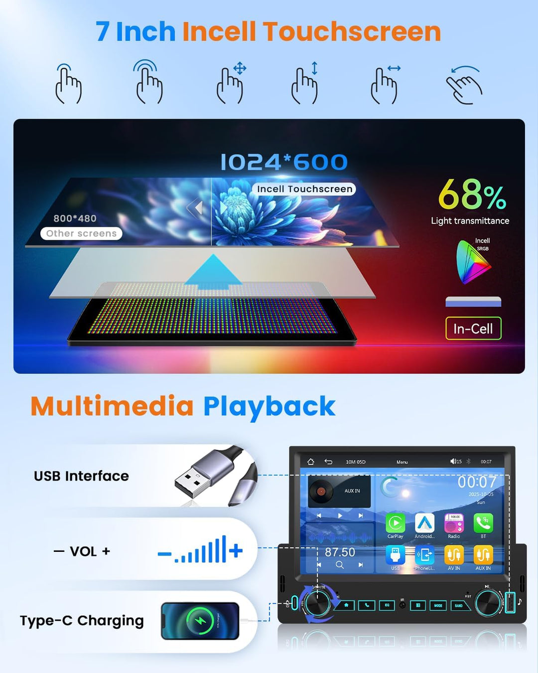 Hikity Autoradio Bluetooth 1 DIN Stereo Auto Bluetooth kompatibel mit Wireless CarPlay & Android Aut