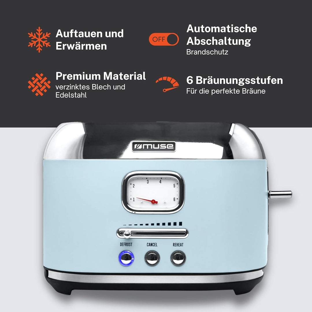 Muse Retro Toaster, 2 Scheiben, 6 Bräunungsstufen, analoge Anzeige, beleuchtete Tasten, Krümelschubl