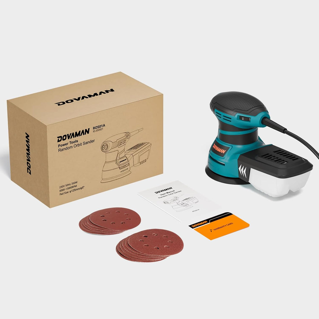 DOVAMAN ROS01A 350W Exzenterschleifer, 6 Variable Geschwindigkeiten, 13000 U/min, 12 Stück Schleifpa