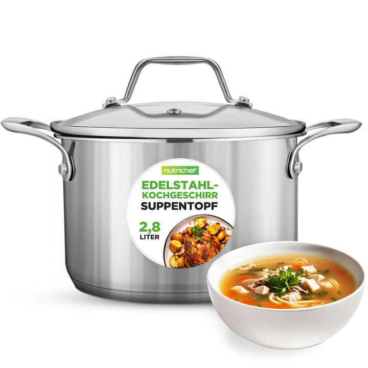 NutriChef Edelstahl Kochtopf, 3L - Ø 20 cm Suppentopf Induktion mit Glasdeckel, für alle Herdarten G