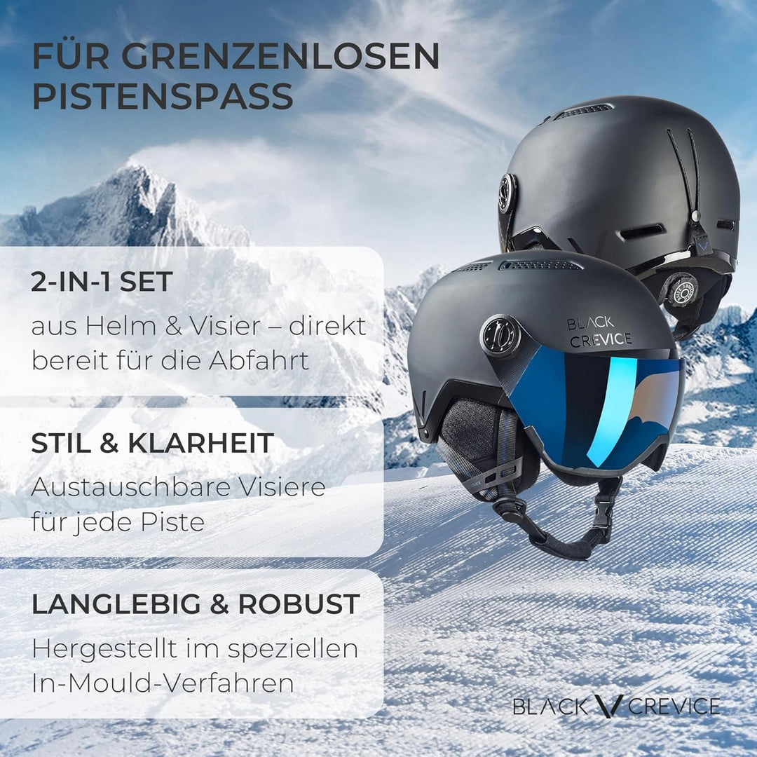 BLACK CREVICE Skihelm Chamonix I Skihelm mit Visier im Pilotenstyle I Skihelm Herren & Damen I Unise