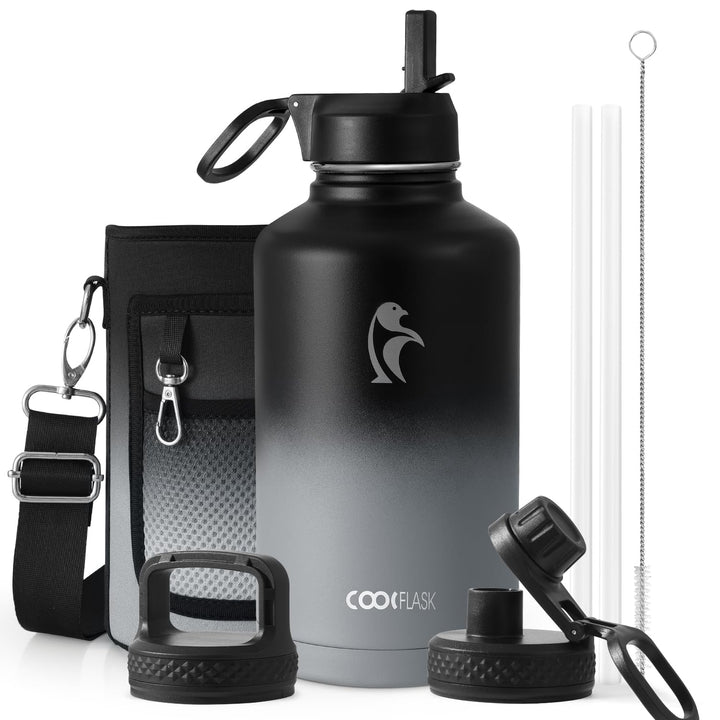Coolflask Isolierte Wasserflasche 2L mit Strohhalm & 3 Deckeln, Isolierte Wasserflasche aus Edelstah