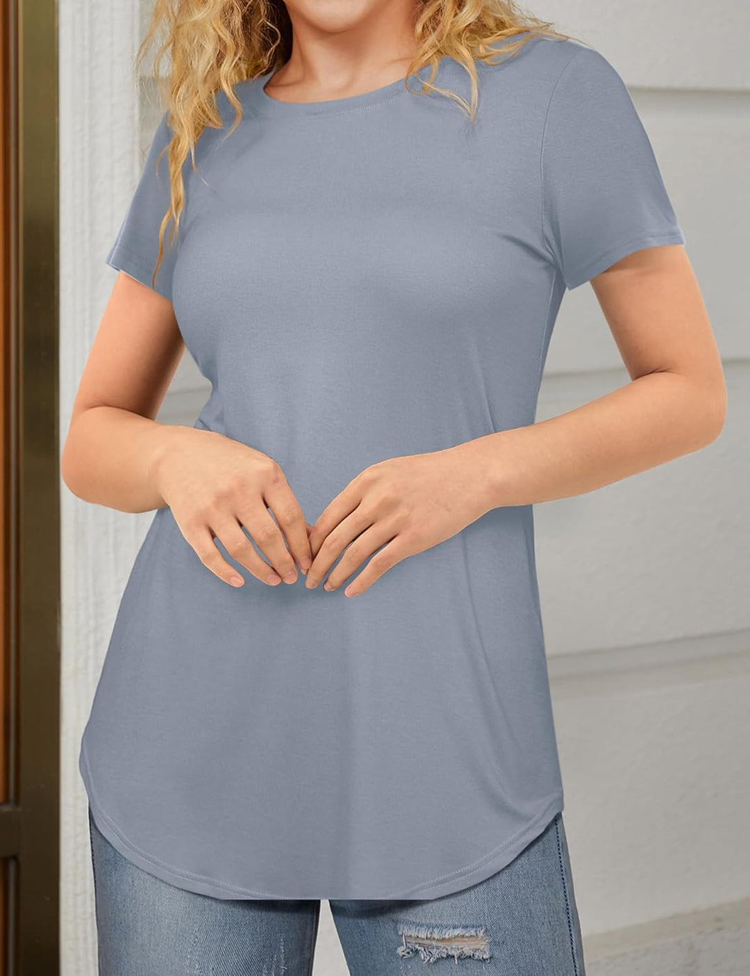 Beluring T-Shirt Damen Lässig Kurzarm/Langarm Oberteile Rundhals Longshirt L Stil A:graublau, L Stil