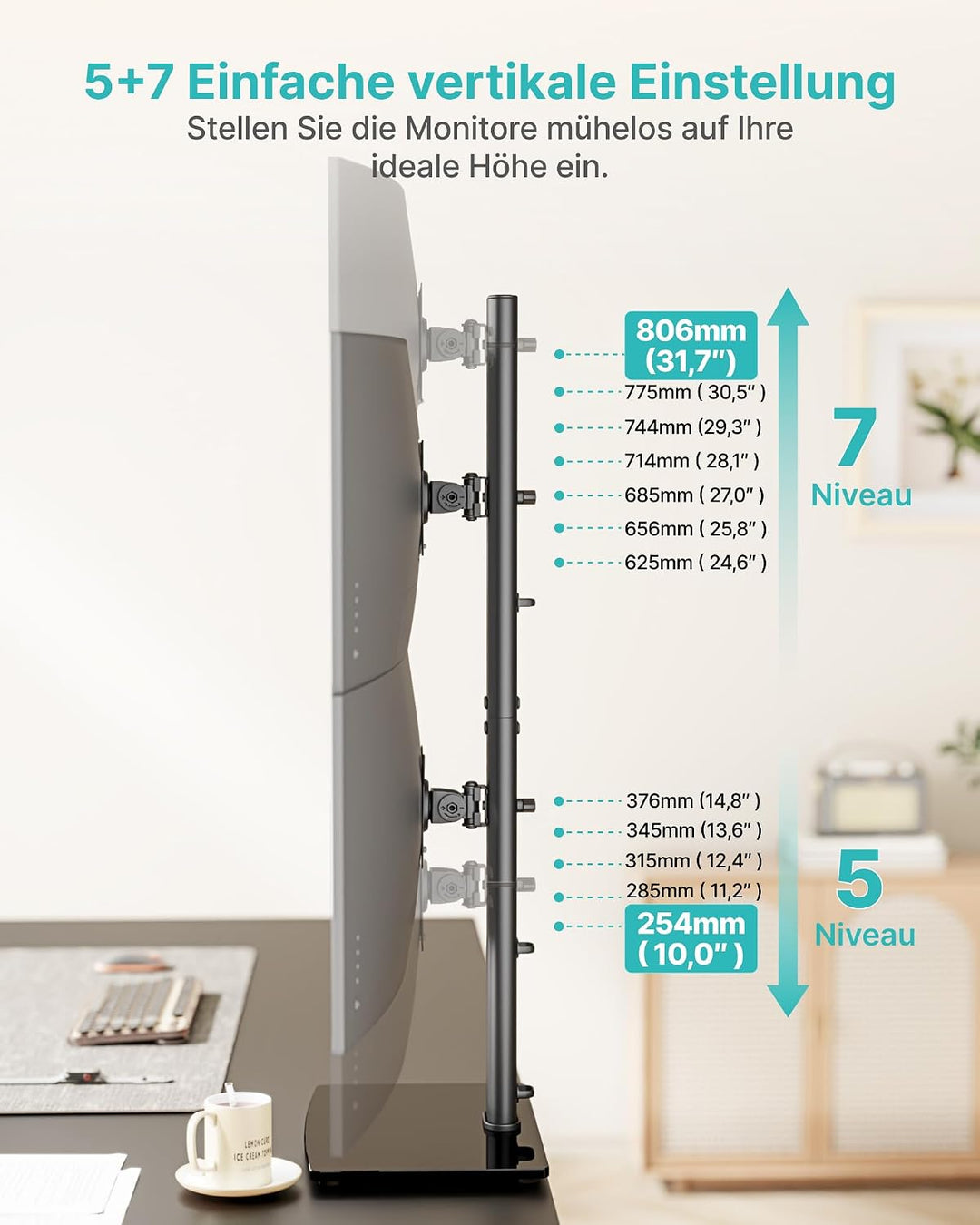 PEGZONE Vertikaler Doppel Monitor Ständer für 17-34 Zoll Bildschirme, Monitorhalterung Übereinander