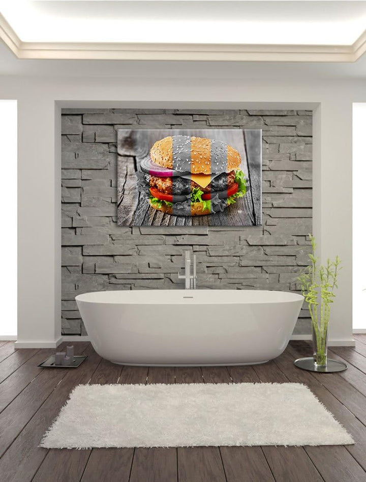 Saftiger Cheeseburger schwarz/weiss Format: 100x70 cm auf Leinwand, XXL riesige Bilder fertig gerahm