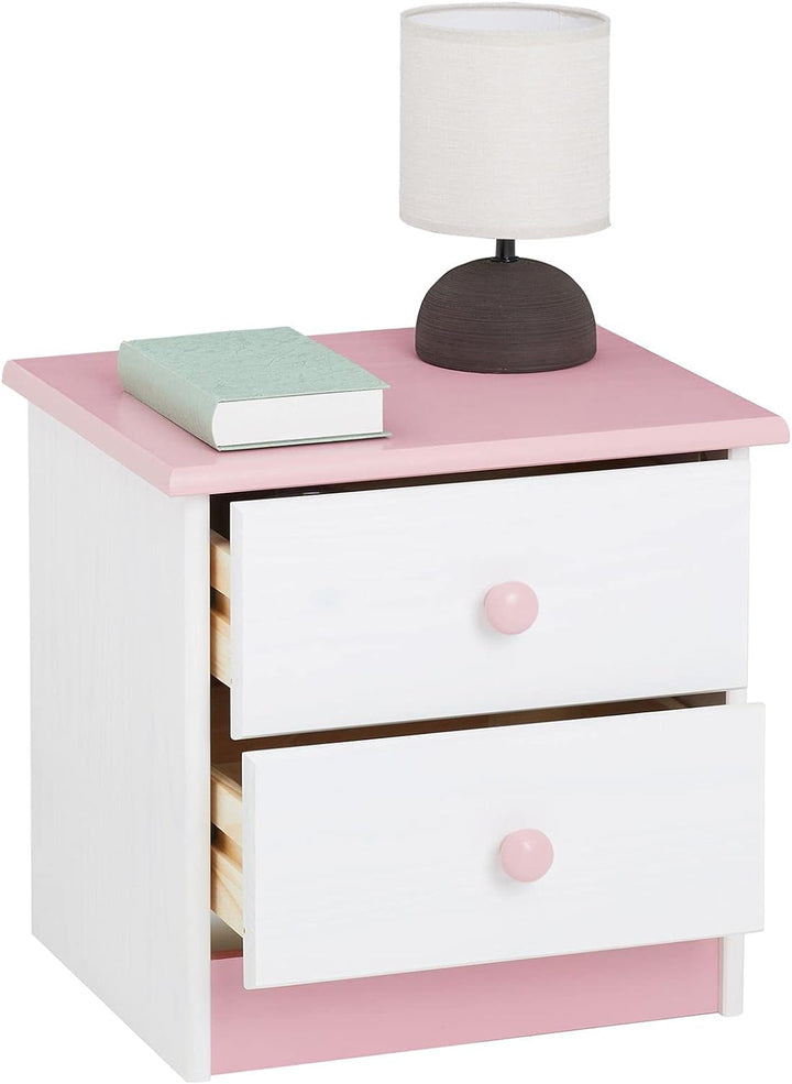 IDIMEX Nachttisch Rondo, Kiefer massiv, weiss-rosa lackiert, 2 Schubladen, Landhausstil, Massivholz,