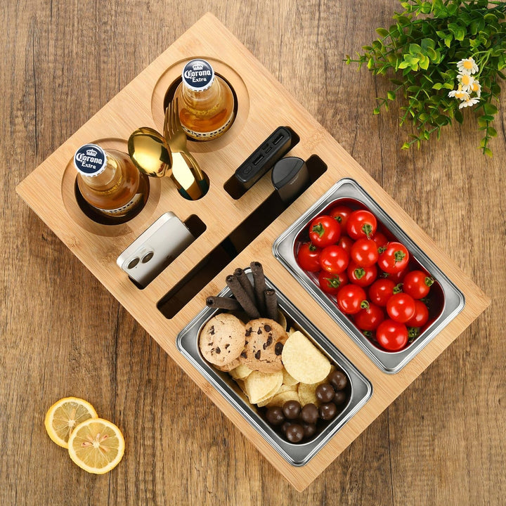 DE-COmmerce Bambus Couchbar, Schalen aus Edelstahl, Abnehmbarer Deckel, Snackbox, Sofatablett, Organ