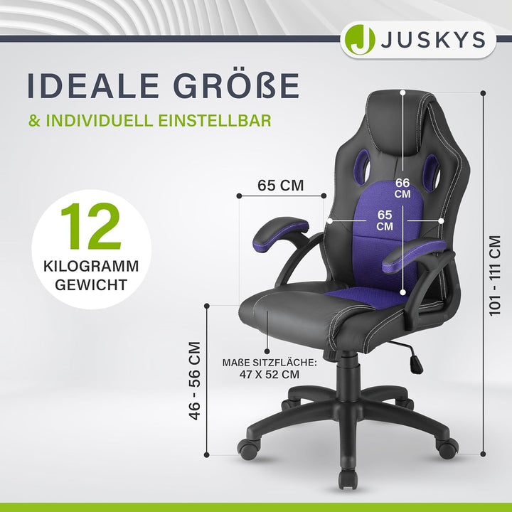 Juskys Racing Schreibtischstuhl Montreal violett | Armlehnen gepolstert & ergonomische Rückenlehne |