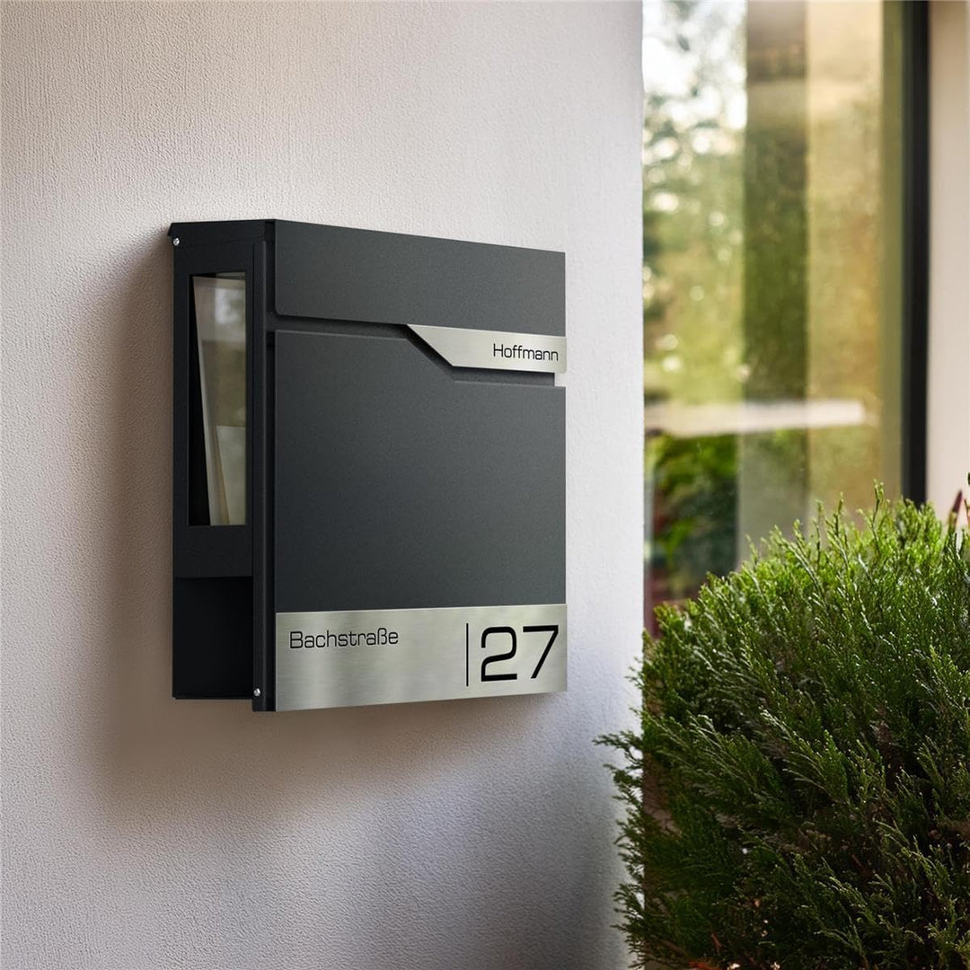 Metzler® Briefkasten Anthrazit mit Zeitungsfach und Sichtfenster – personalisiert mit Lasergravur –