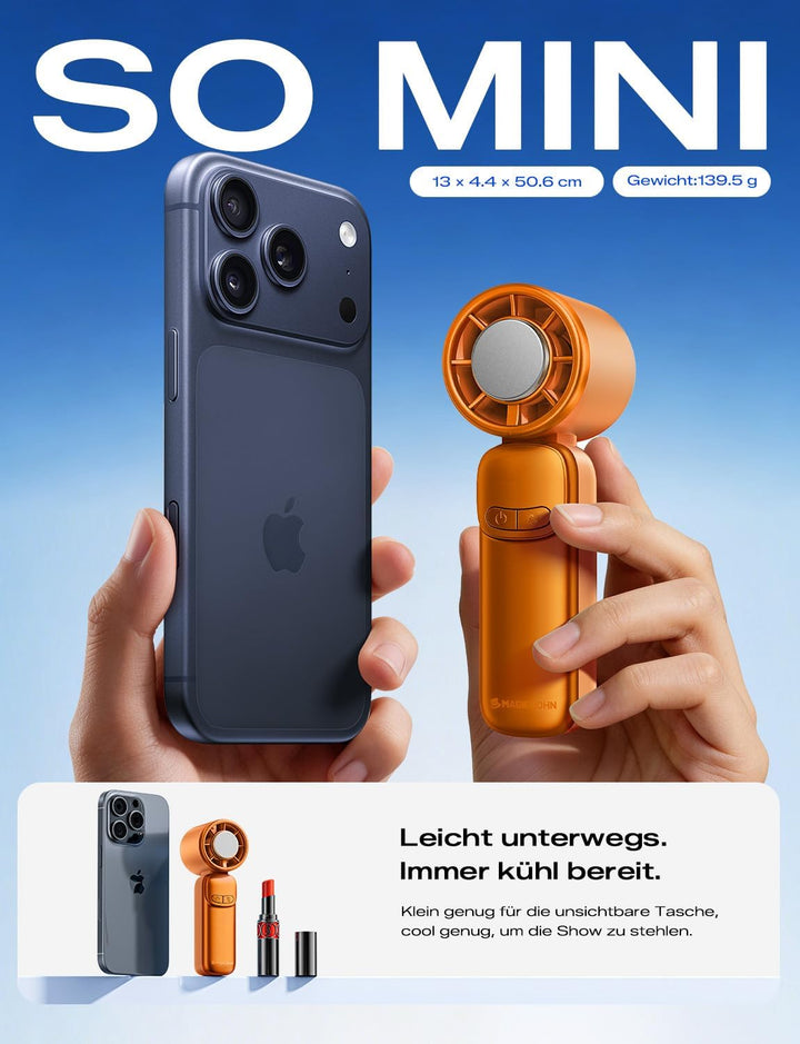 MAGIC JOHN Mini Handventilator mit Kühlung (orange) | 199 Lüfterstufen, bis zu 11h Laufzeit, USB-C A