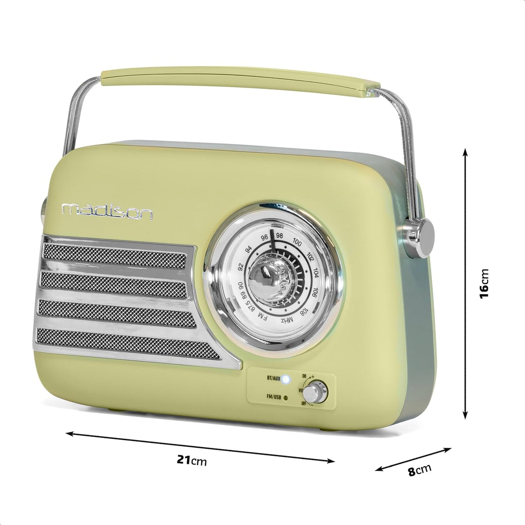 Madison - FREESOUND-VR40OGR-MAT - 30W Vintage-Radio mit langem Akku - Bluetooth, USB & FM - Olivgrün