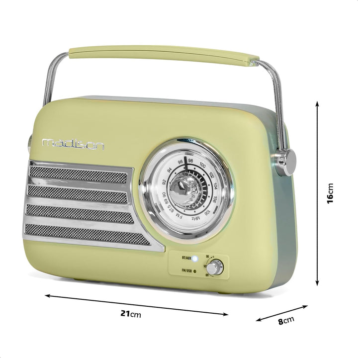 Madison - FREESOUND-VR40OGR-MAT - 30W Vintage-Radio mit langem Akku - Bluetooth, USB & FM - Olivgrün