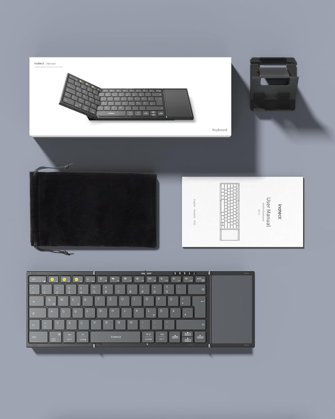 Inateck Faltbare Mini Tastatur, KI-Funktion mit Touchpad,3 Bluetooth-Kanälen, kompatibel mit iPadOS