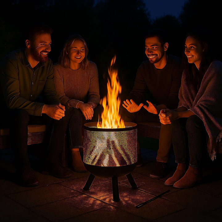 Relaxdays Feuerkorb, Mesh Design, Feuerrost, Schürhaken, Feuer im Garten, Feuertonne, Stahl, HxD: 53