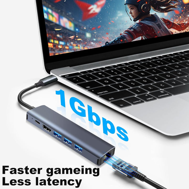 USB C Hub Ethernet 6 in 1, 4K HDMI, LAN RJ45 1000Mbp,PD100W, 3*USB A 3.0 5Gbps Docking Station USBC