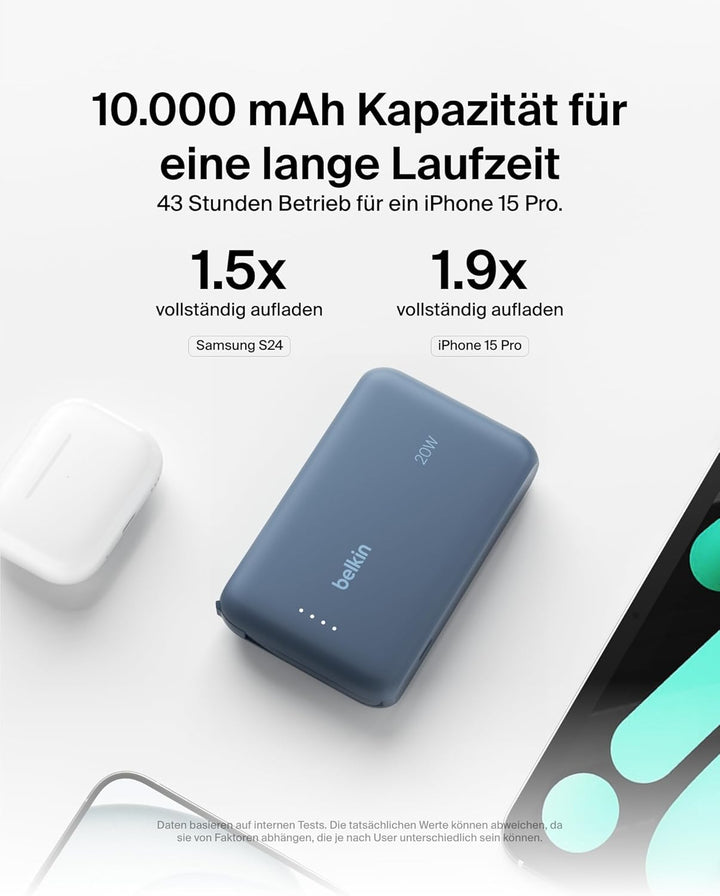 Belkin BoostCharge Power Bank, Portable Powerbank 10000mAh mit integriertem Kabel, PD 20 W – USB-C P