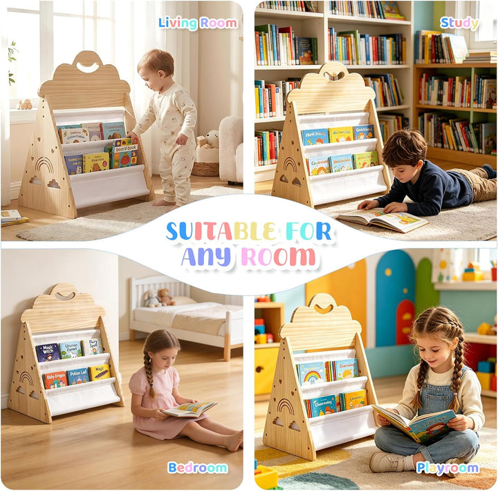 Bücherregal Kinder, Montessori Bücherregal Kinder Tragbar mit Griff, Doppelseitiges Holzregal Tragba