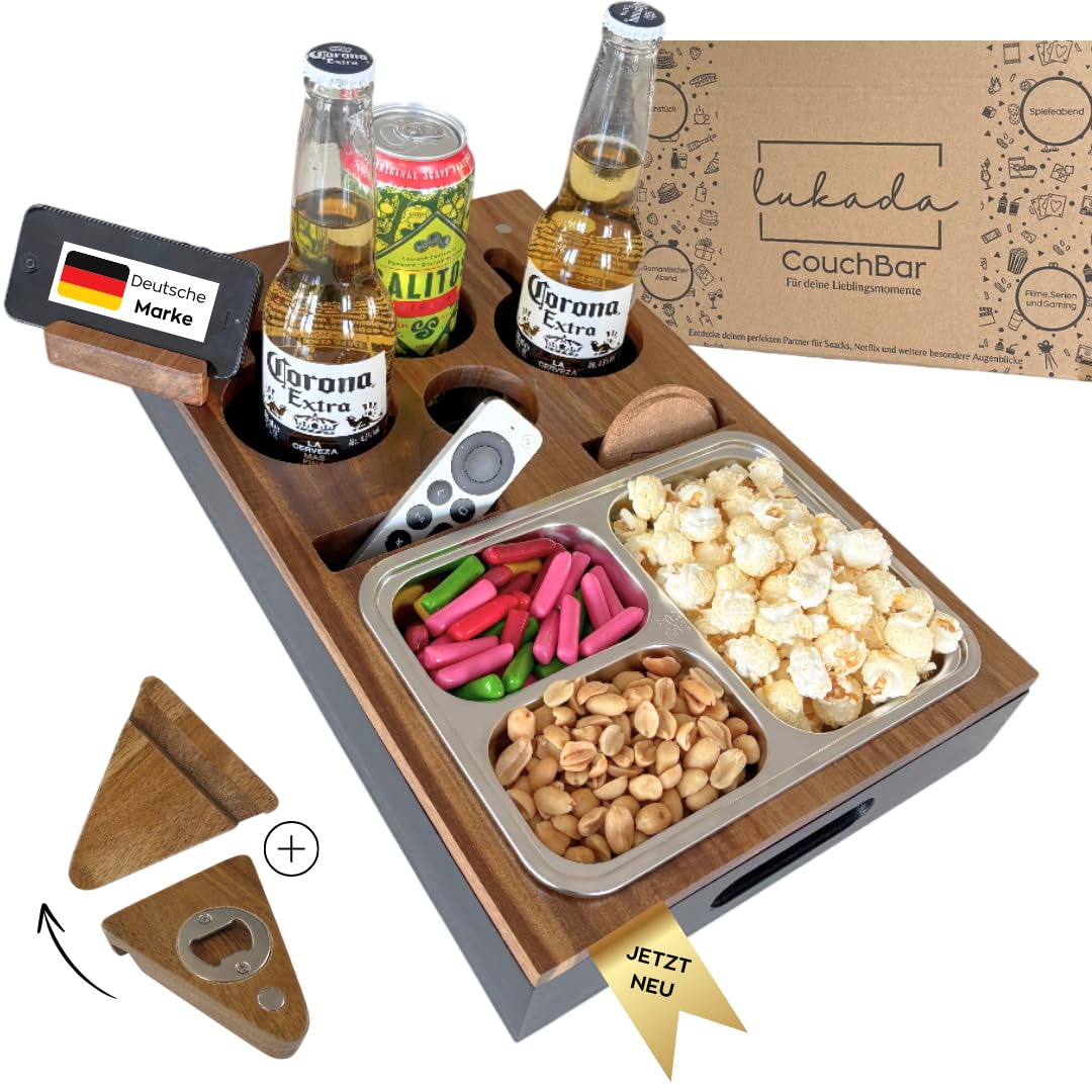 Lukada Premium Couchbar Snackbox | XXL Snackschale & 4 Getränkehalter | Akazien Holz & Bambus Sofata