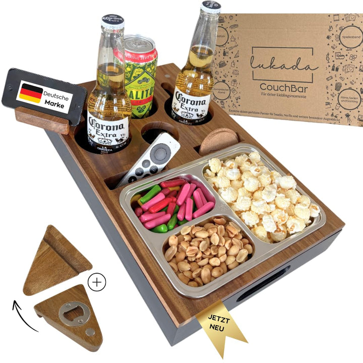 Lukada Premium Couchbar Snackbox | XXL Snackschale & 4 Getränkehalter | Akazien Holz & Bambus Sofata