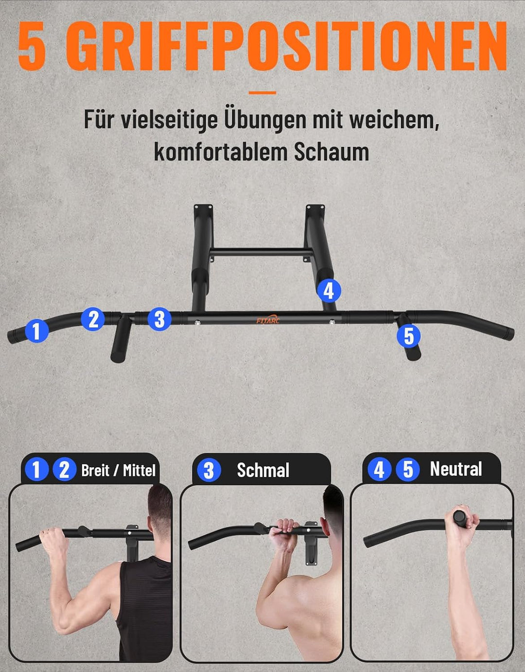 Fitarc Klimmzugstange Wandmontage, Pull Up Bar für Zuhause, robuste Klimmzugstange Wand mit Multi-Gr