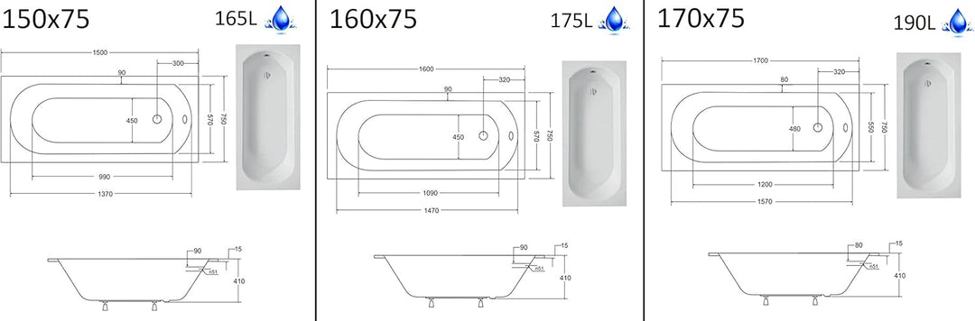 BADLAND Badewanne Original Weiss Acryl Wanne Rechteck INTRICA 170x75 KOMPLETTSET SET mit Weiss Acryl