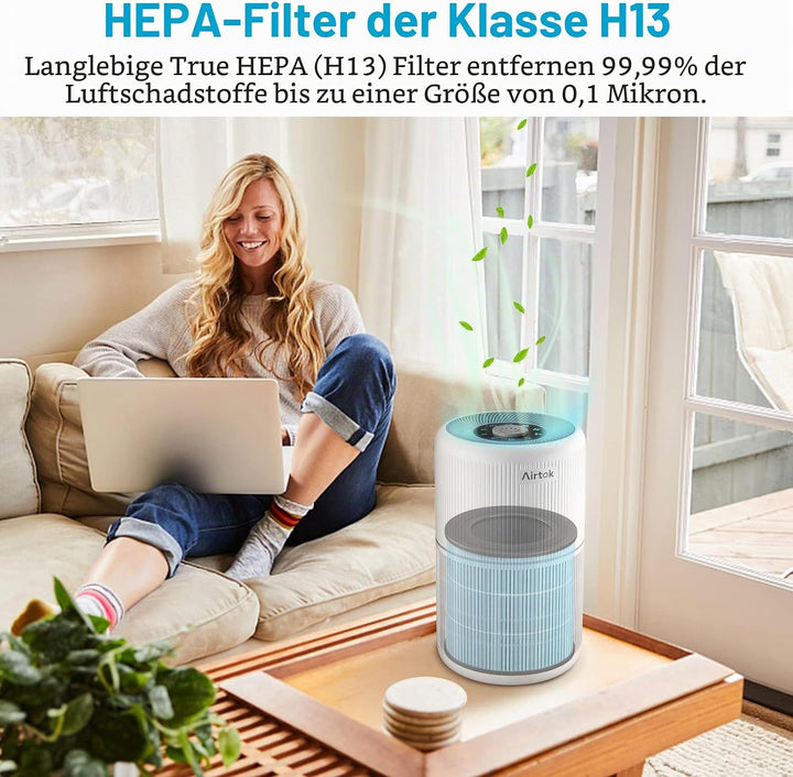 AIRTOK HEPA Luftfilter von Schimmel Staub Pollen Gerüche Haustierschuppen, 99,97% Entfernung bis 0,1