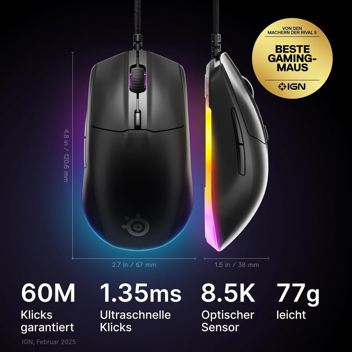 SteelSeries Rival 3 Gen 2 Gaming Maus - 8.500 DPI TrueMove Core-Optiksensor - 60 Millionen Klicks ga
