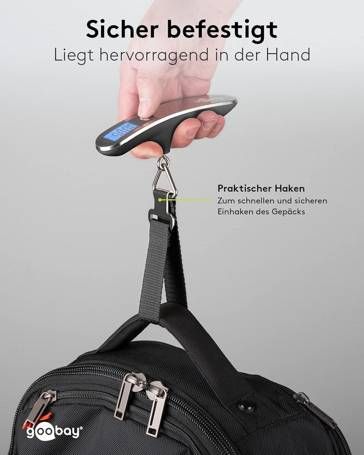 Goobay 71883 Digitale Kofferwaage Gepäckwaage mit heller LCD-Anzeige und Tara-Funktion für Gepäck bi