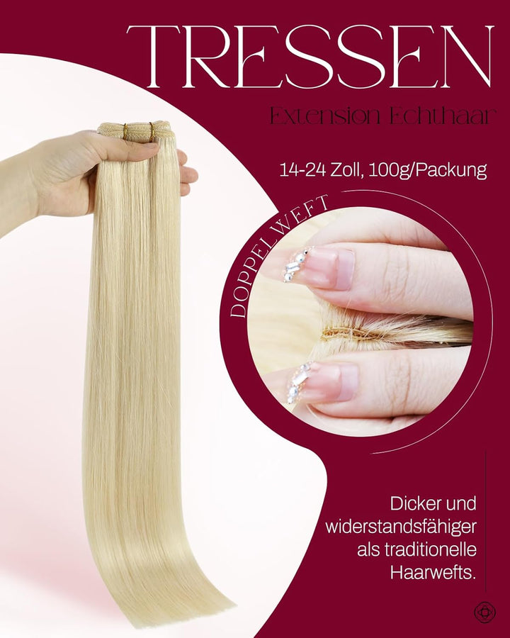 Moresoo 60 cm Haarextension Echthaar Tressen zum Einnähen Platinblond Remy Tressen Extensions Echtha
