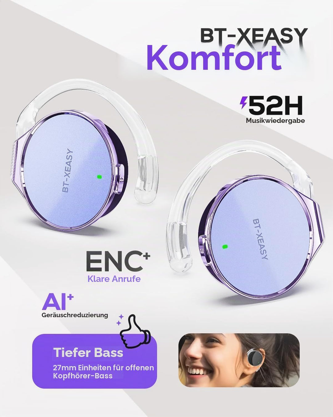 Open Ear Kopfhörer Bluetooth | 52 Std. Spielzeit & Dual-Device Pairing | On Ear Kopfhörer | Leichter