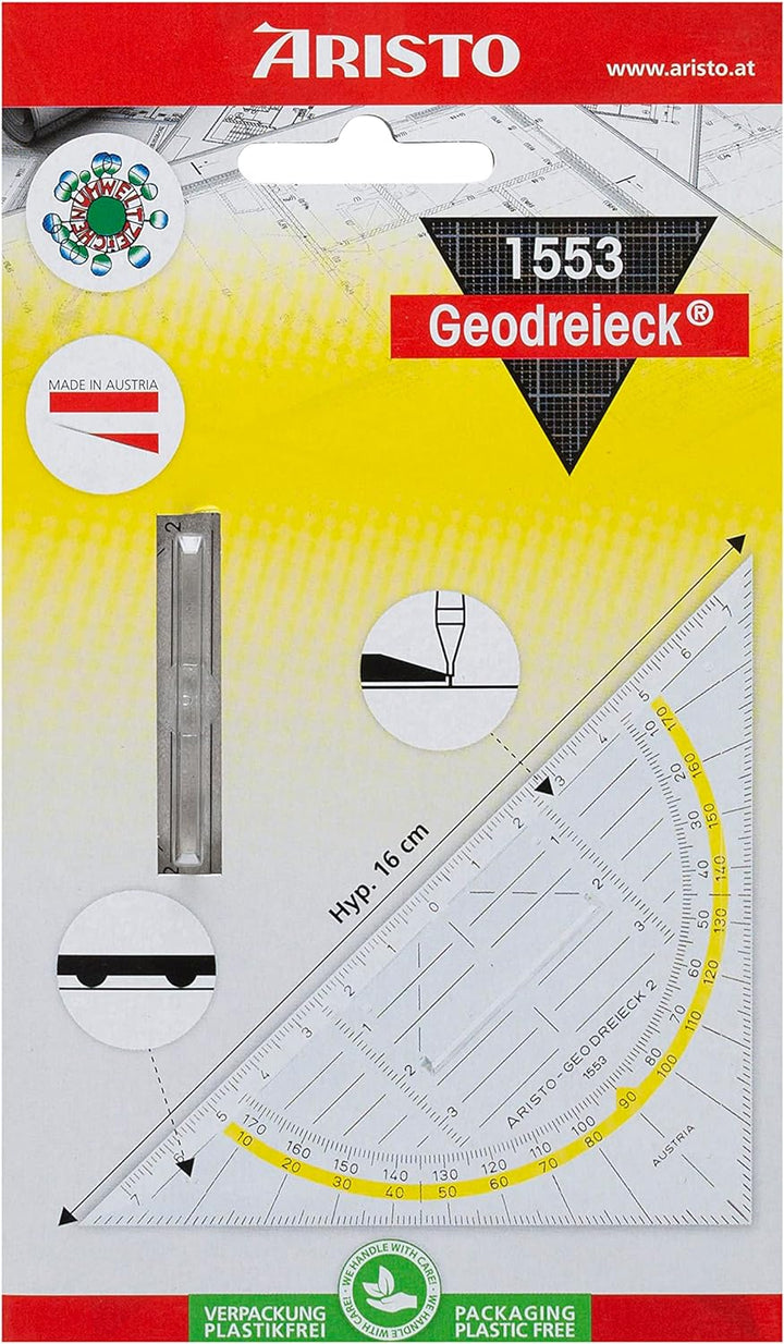 Aristo AR1553 Geodreieck mit festem Griff (Hypotenuse 16 cm, Tuschenoppen, Facette an der Hypotenuse