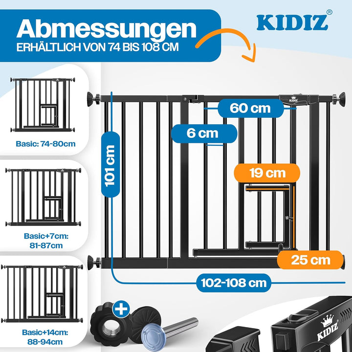 KIDIZ Absperrgitter zum Klemmen mit Katzenklappe, Türschutzgitter, Autoclose Kinder Treppengitter oh