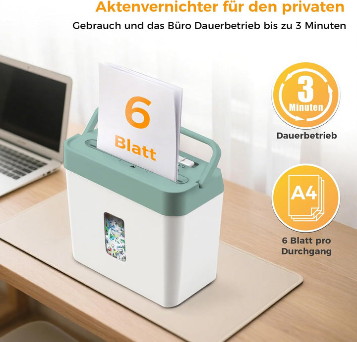 Aktenvernichter für 6 Blatt,P-4 Partikelschnitt Schredder, Papierschredder mit 8 Liter Auffangbehält
