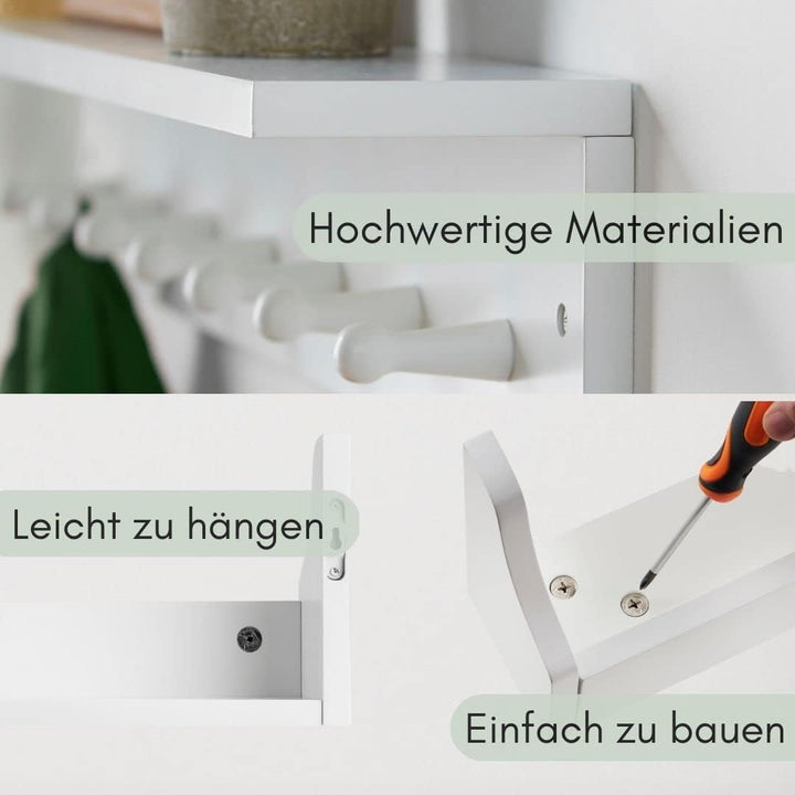 Haus Projekt Wandregal Weiss mit 7 Haken, Leicht Montieren Moderne Kinder Wandgarderobe Holz, Garder