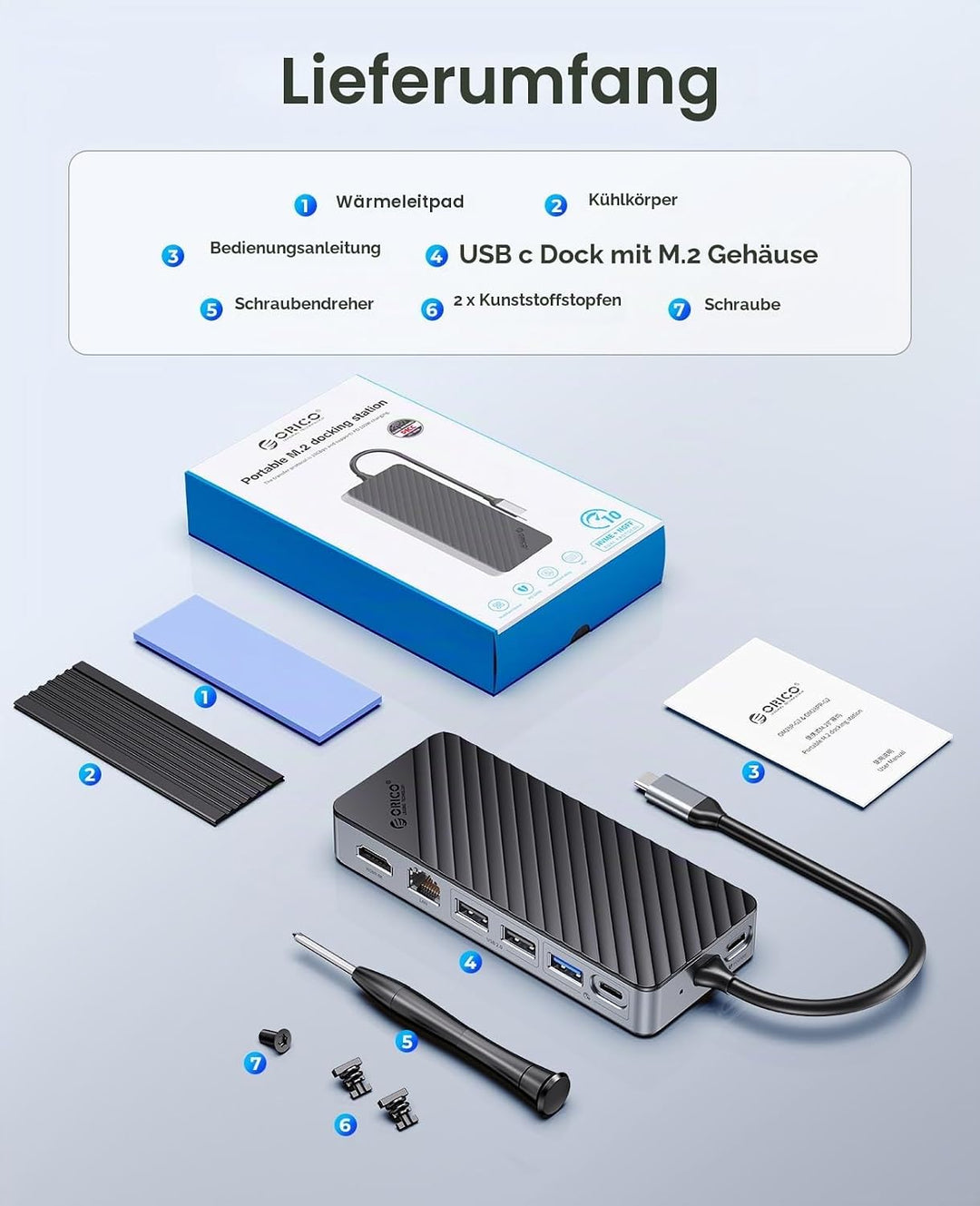 ORICO 8-in-1 USB C Docking Station mit M.2 SSD Gehäuse, USB C Hub für M.2 NVMe/SATA SSD, 10Gbps, 4K@