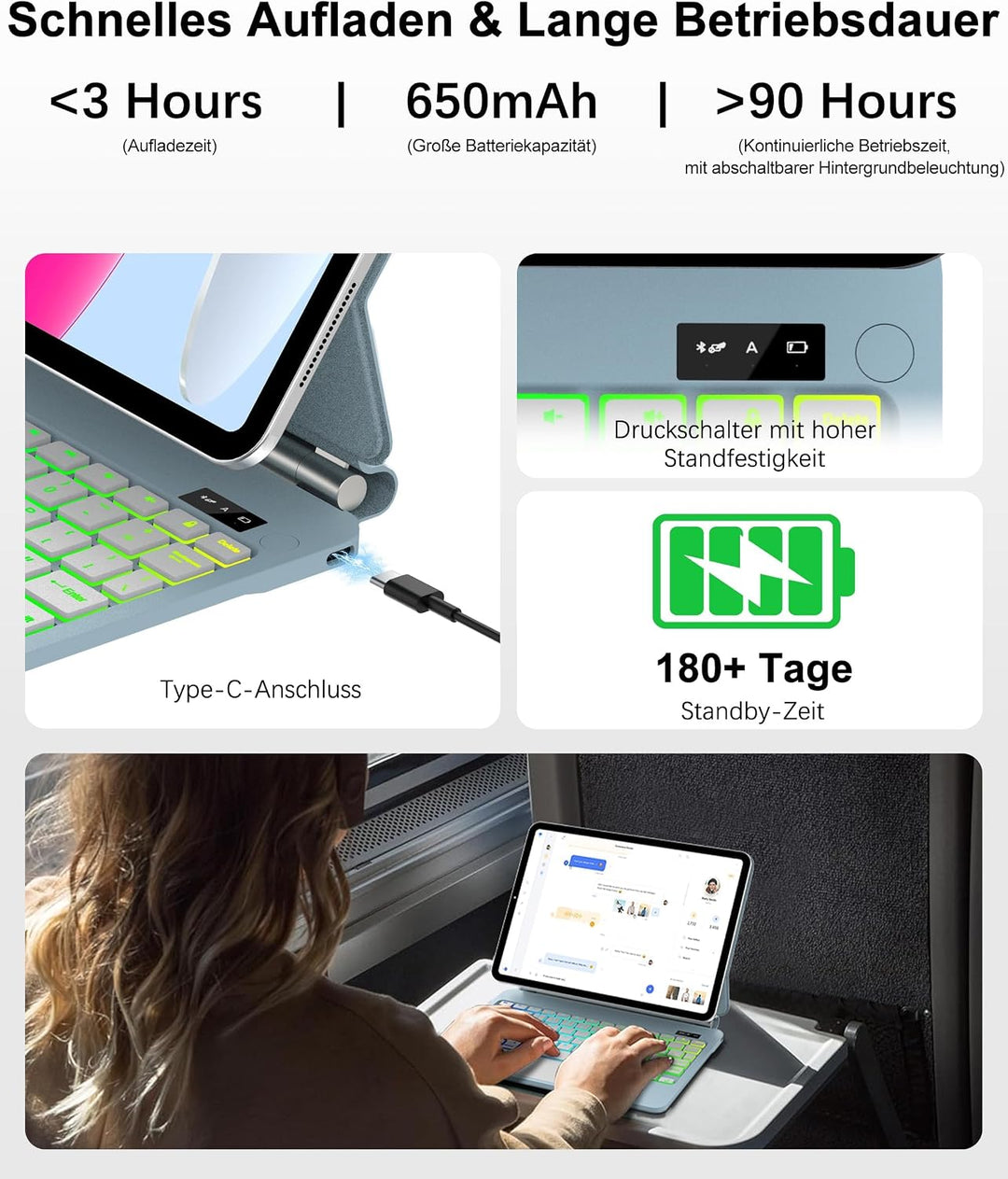 JADEMALL Magic Keyboard Für iPad A16 11/10. Gen mit TP &amp; Beleuchtung QWERTZ | Magic Keyboard für iPa