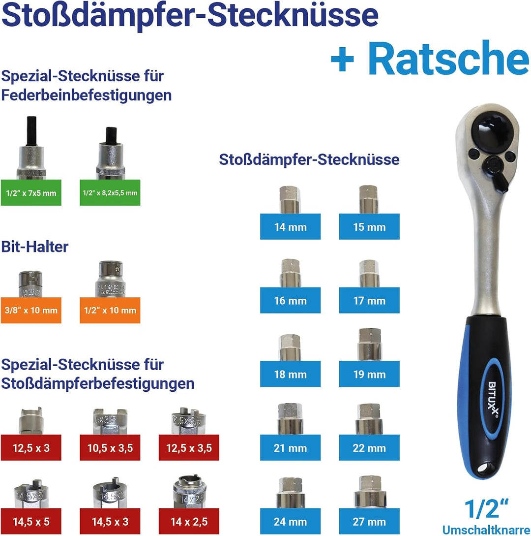 BITUXX 43 TLG. Stossdämpfer Werkzeug Set Steckschlüssel Satz Domlager Dämpferschlüssel Federbein Sch
