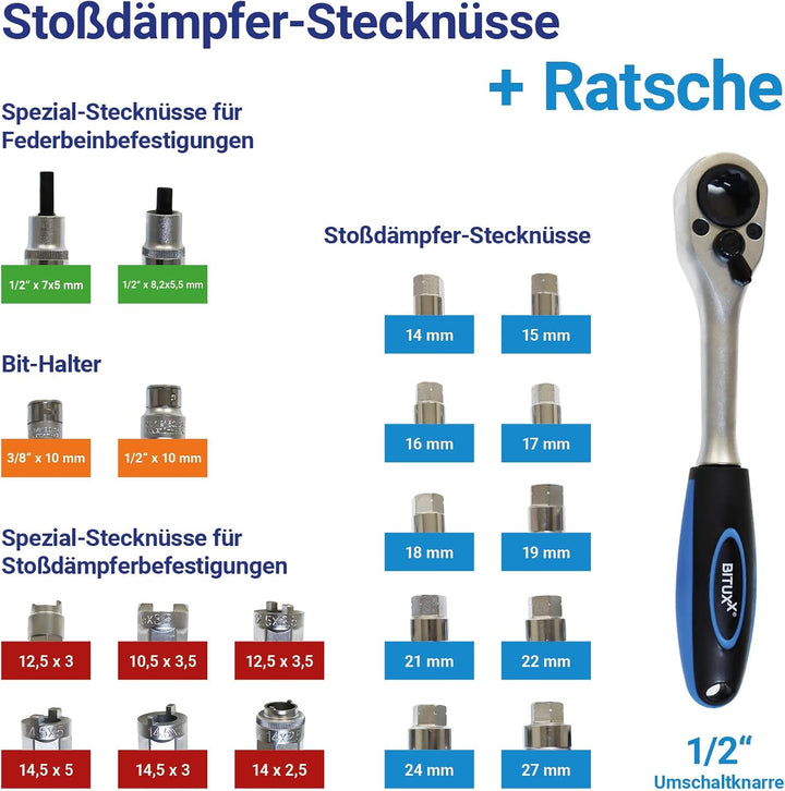 BITUXX 43 TLG. Stossdämpfer Werkzeug Set Steckschlüssel Satz Domlager Dämpferschlüssel Federbein Sch