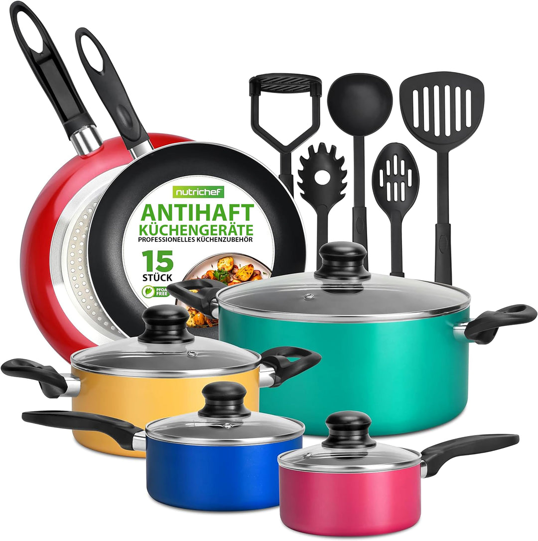 NutriChef Töpfe und Pfannen Set, Kochgeschirr Set 15-Teilig, Antihaft Cookware Set Inkl. Topfset, Pf