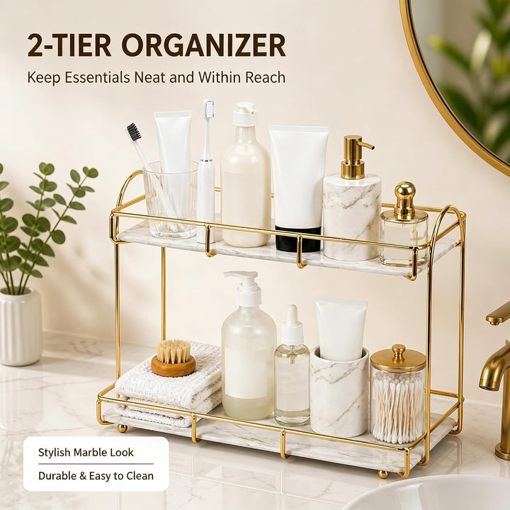 Bad-Organizer mit 2 Ebenen, Goldfarbenes Metall-Regal für Kosmetik &amp; Parfüm, Wasserdichtes Tablett f