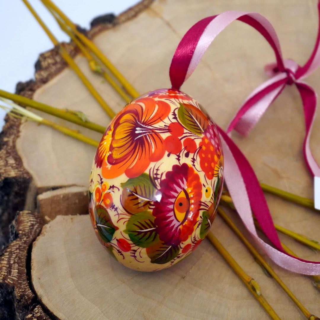 Handbemalte Ostereier zum Aufhängen aus Holz mit Störche und Schönem Blumenmuster, 6-7 сm Ukrainisch