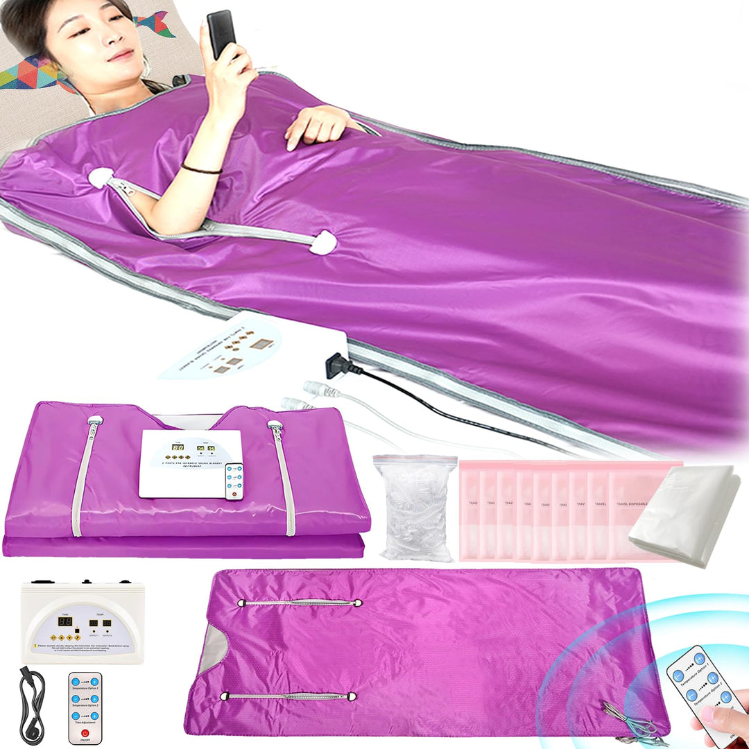 Infrarot Saunadecke, 2 Zone Infrared Sauna Blanket mit Reissverschluss 100 Duschhauben 10 Badebeutel