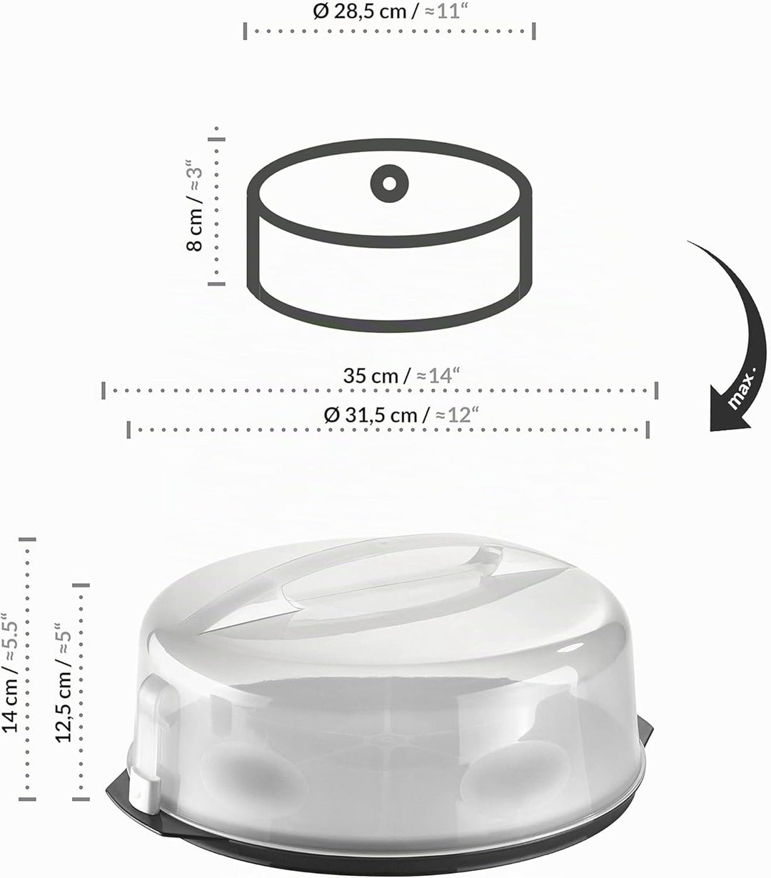 Grizzly runde Kuchen-Transportbox mit Klick-Verschluss, Tortenhaube mit Stückeinteilungshilfe, Torte