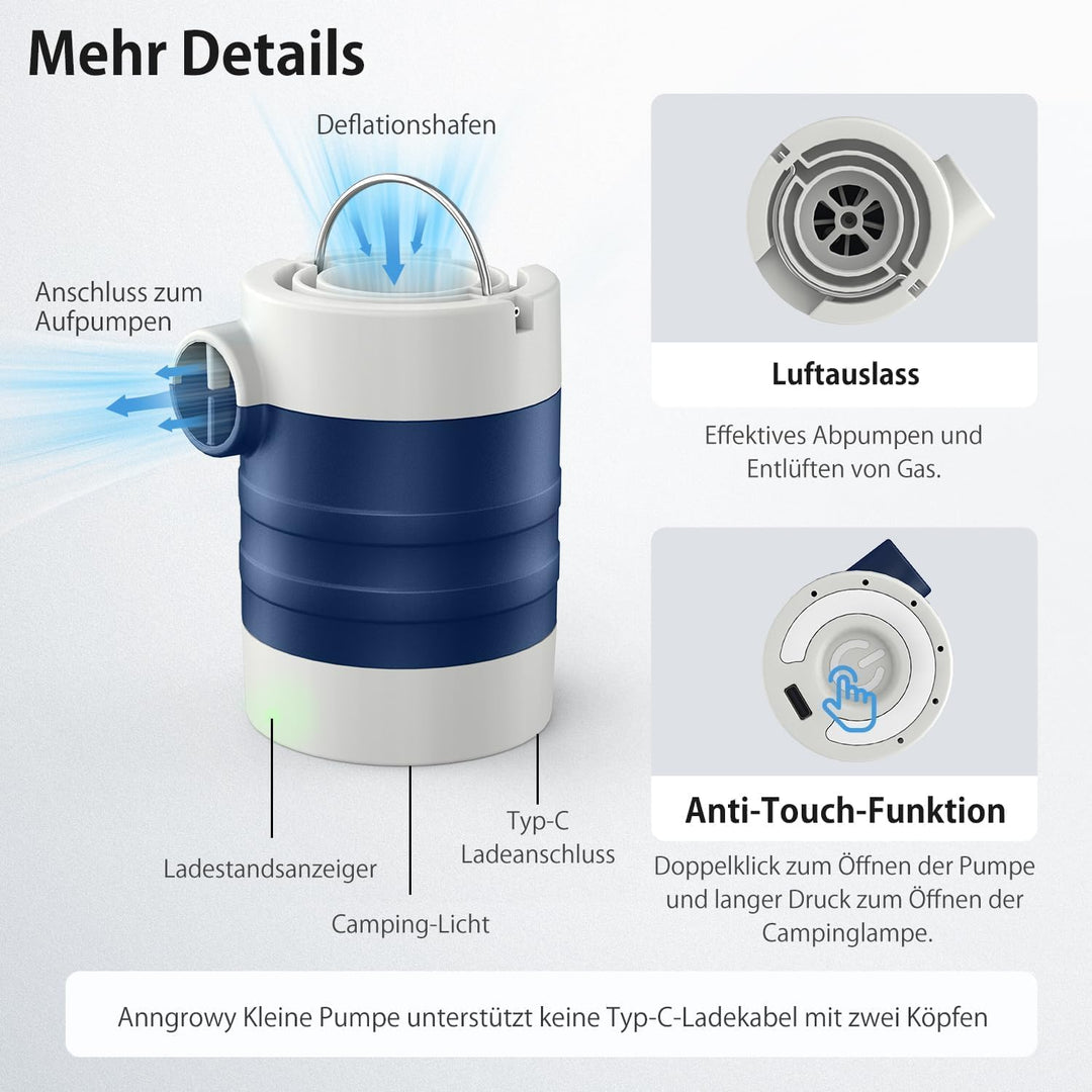 Anngrowy Mini- Elektrische Luftpumpe, Akku Luftpumpe mit Schnellauf- und Ablassfunktion, 5 Luftdüsen
