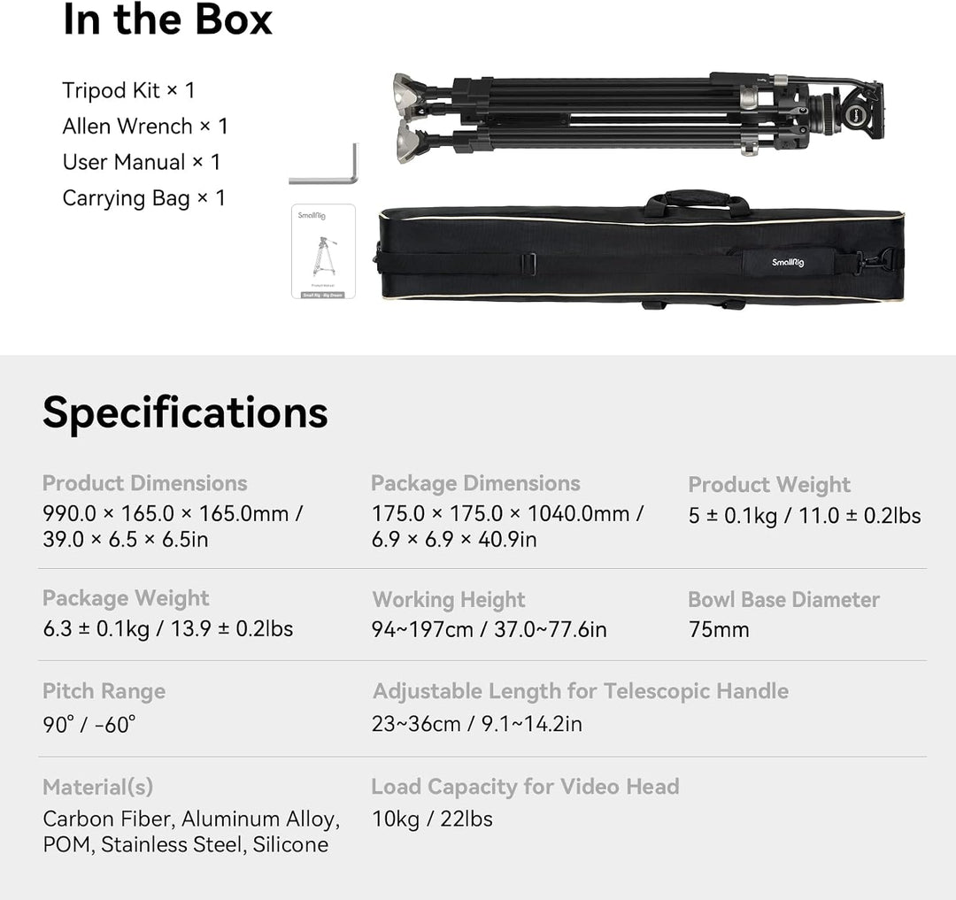 SMALLRIG 78 Zoll Videostativ Heavy Carbon Fiber Tripod, One-Step Locking System, 360°-Fluidkopf und