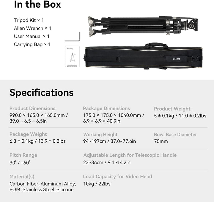 SMALLRIG 78 Zoll Videostativ Heavy Carbon Fiber Tripod, One-Step Locking System, 360°-Fluidkopf und