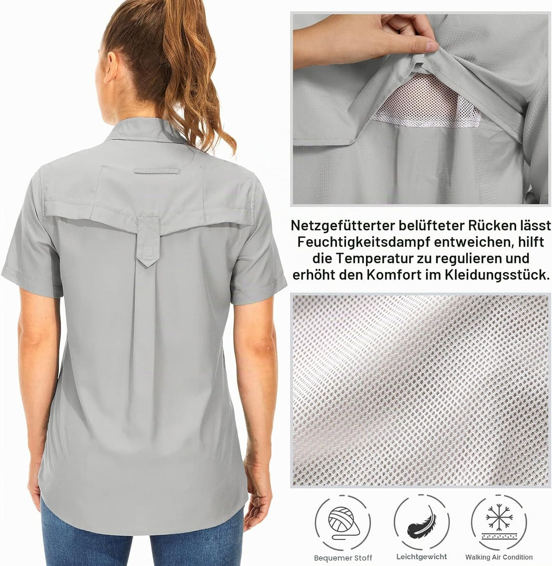 yeyity Hemdbluse Damen Kurzarm UV Schutz Wander Shirt Damen Atmungsaktiv Safari Hemd Schnelltrocknen